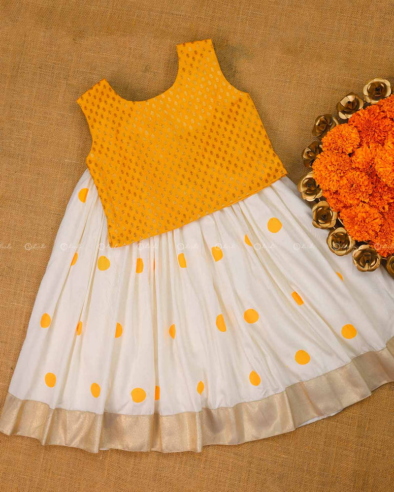 Yellow brocade Top with Off White Skirt