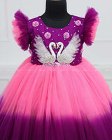 Swan Theme Pink And Purple Color Gradient Swirled Gown.