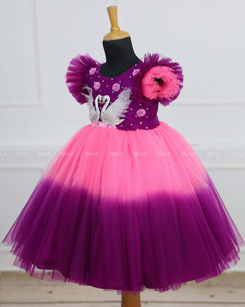 Swan Theme Pink And Purple Color Gradient Swirled Gown.