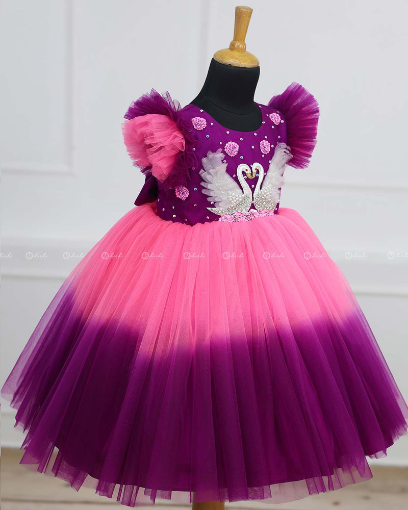 Swan Theme Pink And Purple Color Gradient Swirled Gown.