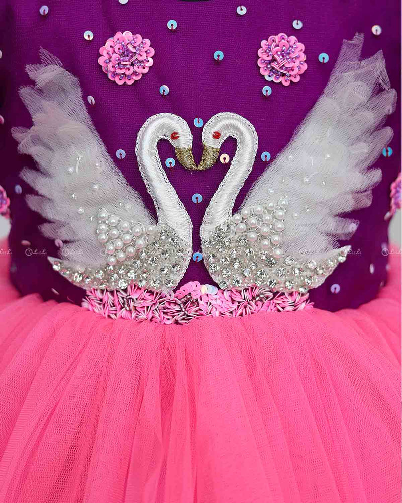 Swan Theme Pink And Purple Color Gradient Swirled Gown.