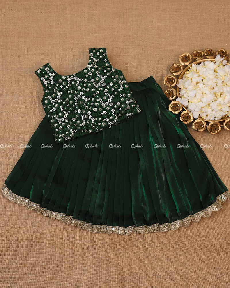 Dark Bottle Green Skirt and Embroidery Material Top.