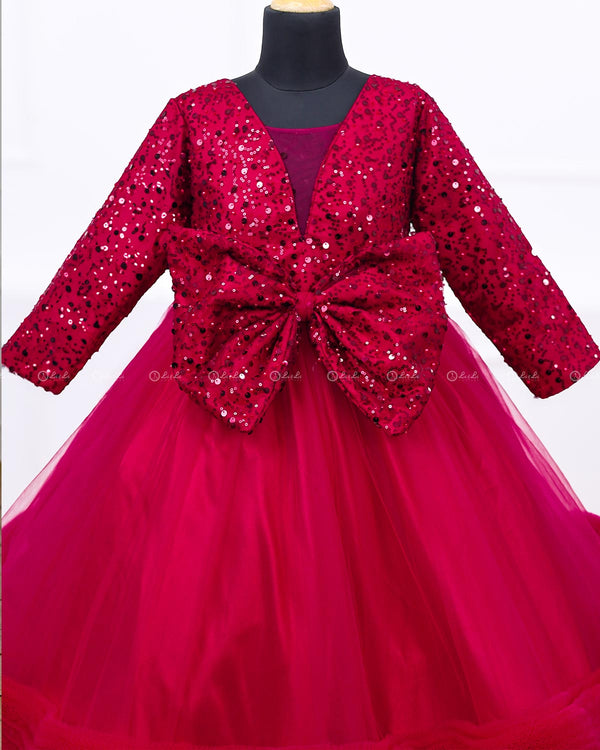 Wine Red Twinkle Party Wear Frilled Frock