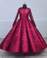 Wine Red Full Sleeve  Sequence Panel Gown