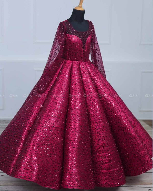 Wine Red Full Sleeve  Sequence Panel Gown