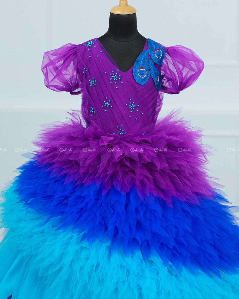 Purple with Blue shaded Feather Frill with Peacock Feather Emblishment