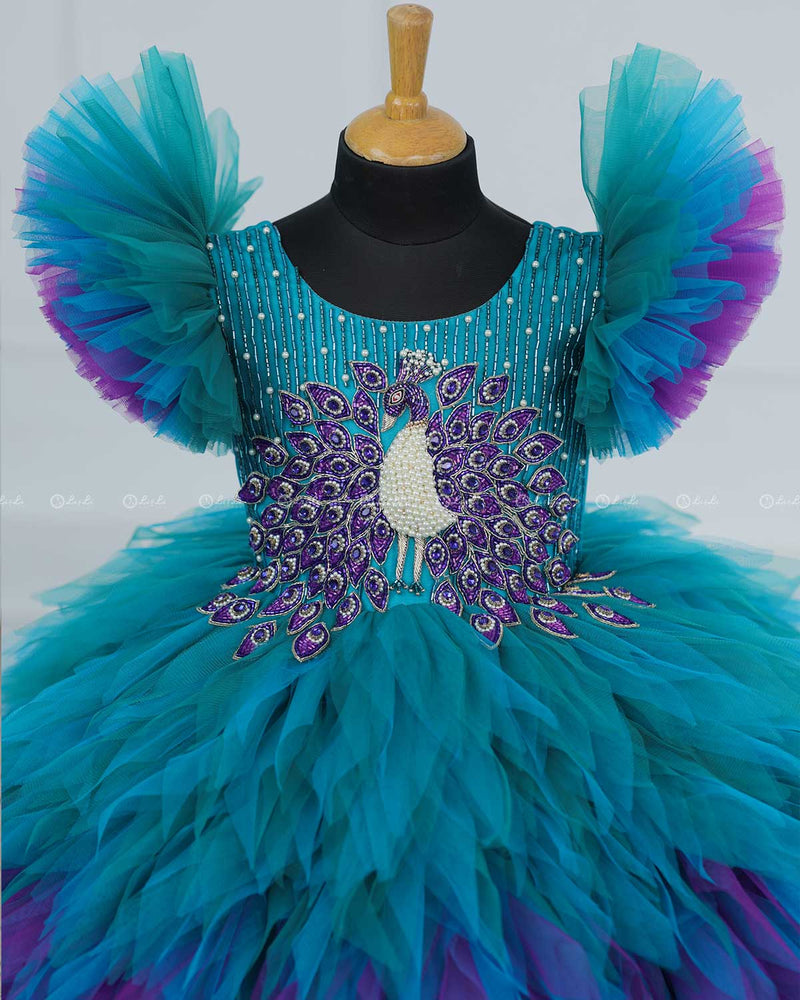 Peacock Double Shaded Feather Frill with Heavy Intrecated Handwork on Yoke
