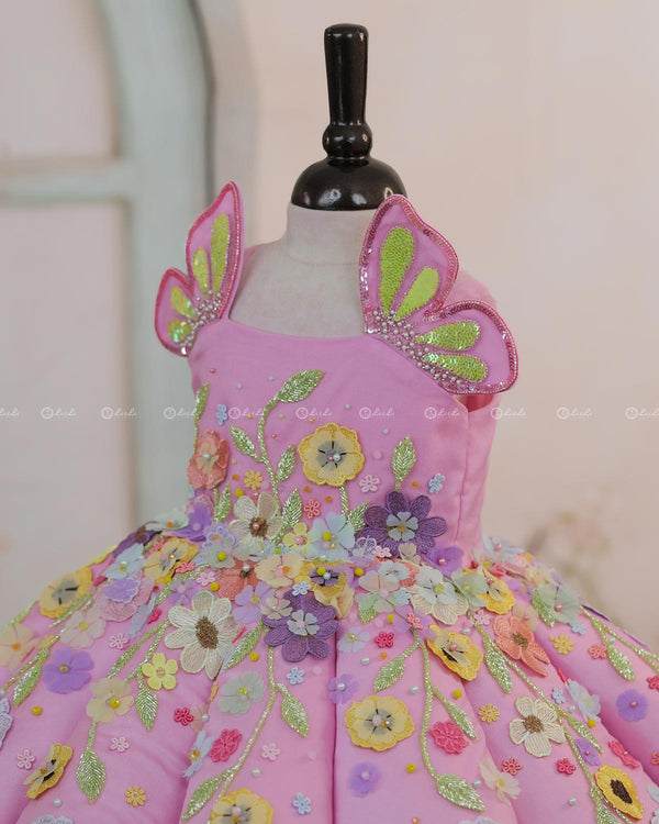 Lime Green and Baby Pink Panel  Gown with Heavy Embellished Flowers