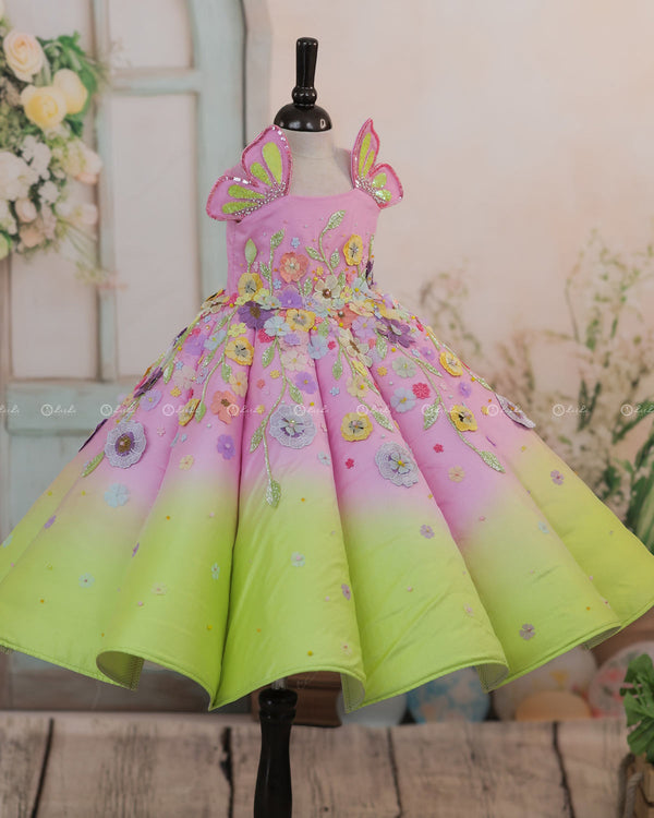 Lime Green and Baby Pink Panel  Gown with Heavy Embellished Flowers