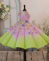 Lime Green and Baby Pink Panel  Gown with Heavy Embellished Flowers