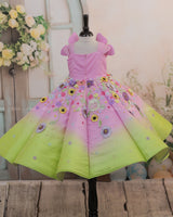 Lime Green and Baby Pink Panel  Gown with Heavy Embellished Flowers