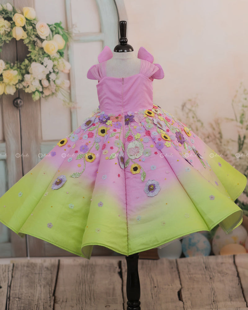 Lime Green and Baby Pink Panel  Gown with Heavy Embellished Flowers
