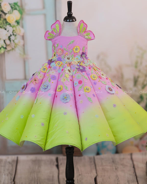 Lime Green and Baby Pink Panel  Gown with Heavy Embellished Flowers