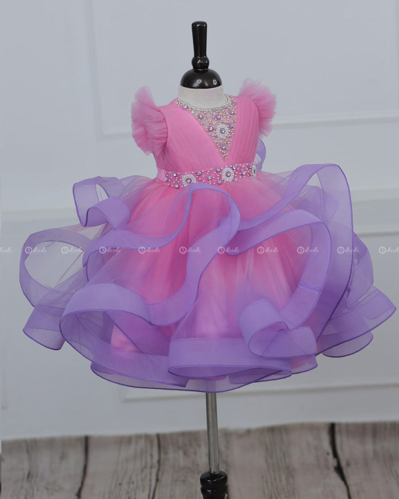 Pink and Lavender Twirled Gown with Rich White Bead Work