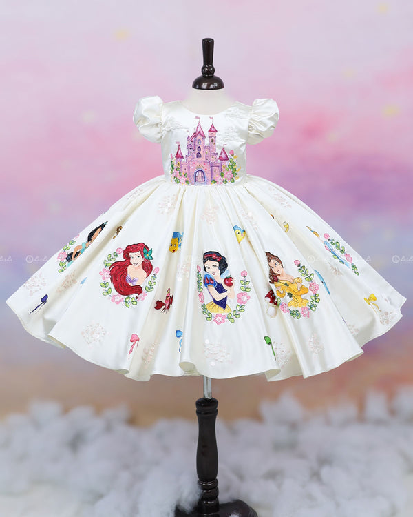 Enchanting hand-painted frock featuring princesses and a fairytale castle—perfect for a magical occasion.
