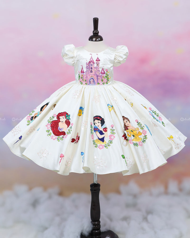 Enchanting hand-painted frock featuring princesses and a fairytale castle—perfect for a magical occasion.
