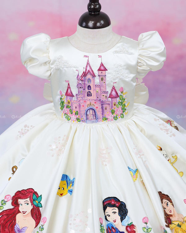 Enchanting hand-painted frock featuring princesses and a fairytale castle—perfect for a magical occasion.