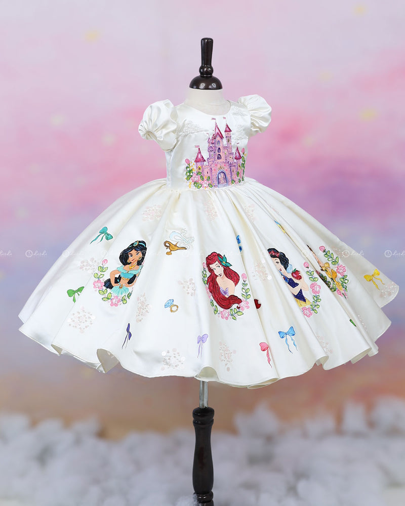 Enchanting hand-painted frock featuring princesses and a fairytale castle—perfect for a magical occasion.