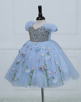 Dusty Blue Gown with Intricate Handworks and Flowers