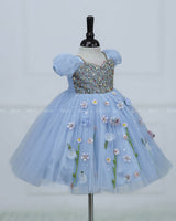 Dusty Blue Gown with Intricate Handworks and Flowers