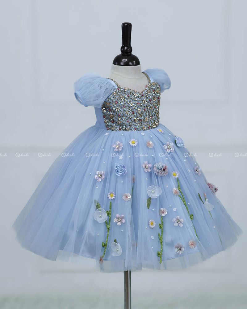 Dusty Blue Gown with Intricate Handworks and Flowers
