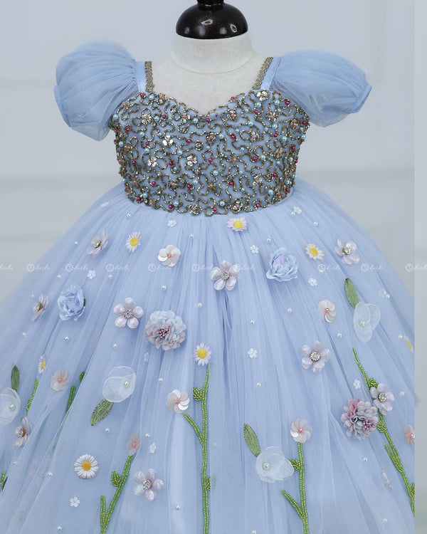 Dusty Blue Gown with Intricate Handworks and Flowers