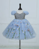 Dusty Blue Gown with Intricate Handworks and Flowers