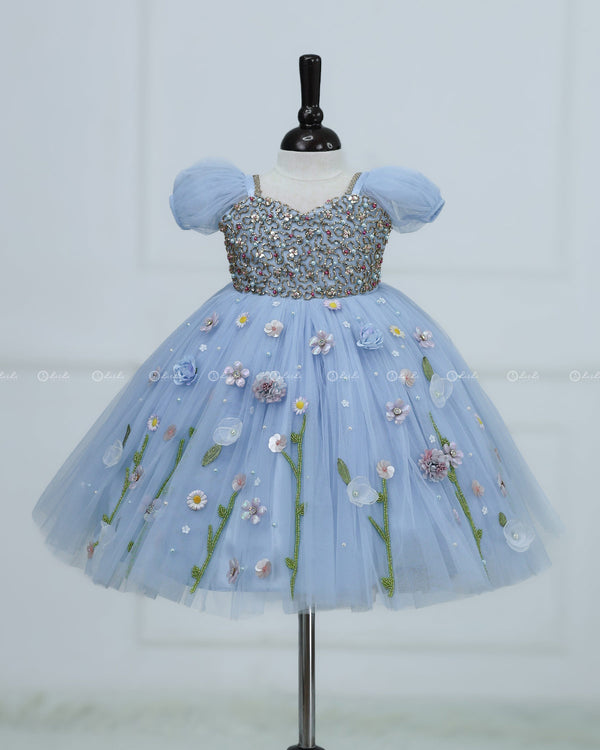 Dusty Blue Gown with Intricate Handworks and Flowers