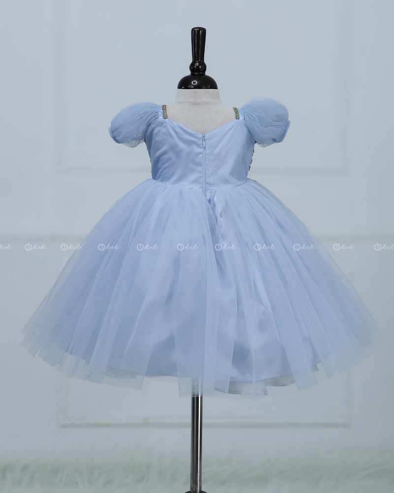 Dusty Blue Gown with Intricate Handworks and Flowers