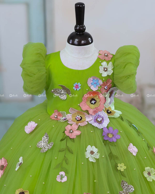 Parrot Green Fairy Tale Dress Highlighted with Flowers