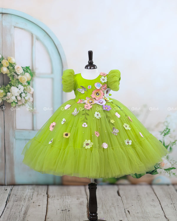 Parrot Green Fairy Tale Dress Highlighted with Flowers