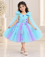 Baby Blue Lavender Net Satin Aqua Marine Fit & Flare Calf-Length Frock for Girls
