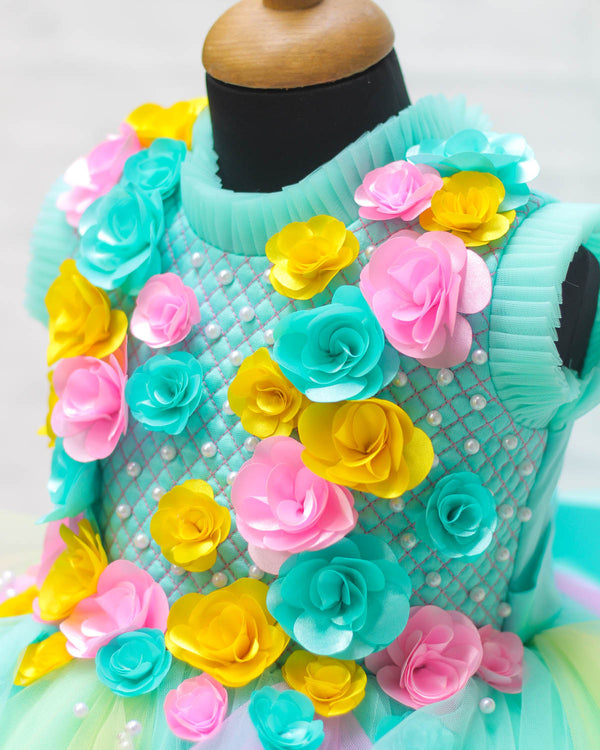 Aqua blue Gown with Multicolour Twirled Gown and Handcrafted Flowers