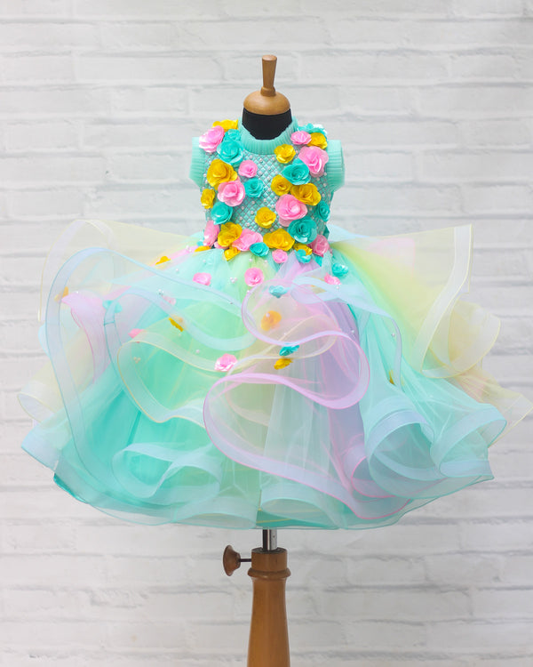 Aqua blue Gown with Multicolour Twirled Gown and Handcrafted Flowers