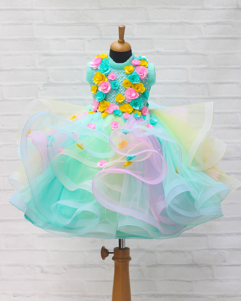 Aqua blue Gown with Multicolour Twirled Gown and Handcrafted Flowers