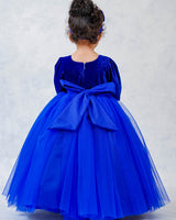 Royal Blue Velvet Partywear Gown with Designer Bow Detailing