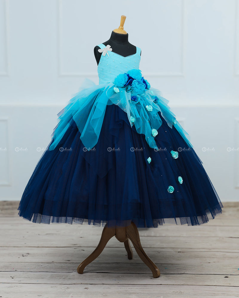 Blue Color with Gradient Asymmetrical Layered Gown with Dragonfly Applique