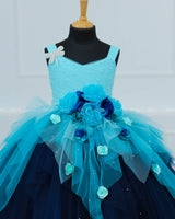 Blue Color with Gradient Asymmetrical Layered Gown with Dragonfly Applique