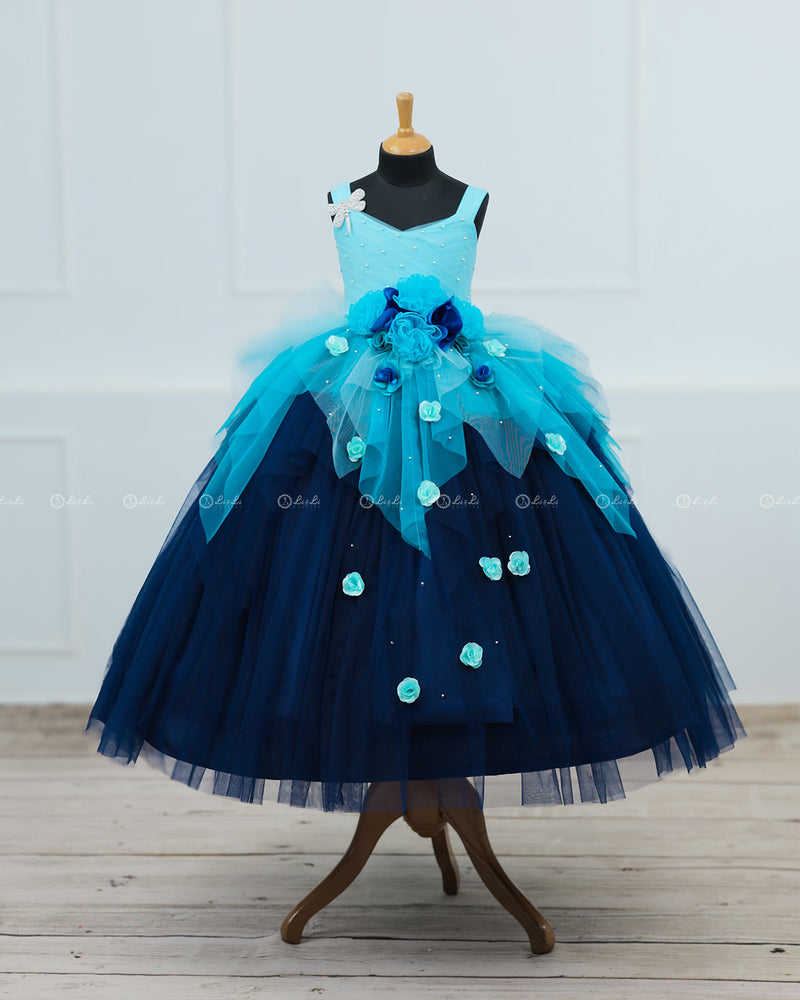 Blue Color with Gradient Asymmetrical Layered Gown with Dragonfly Applique