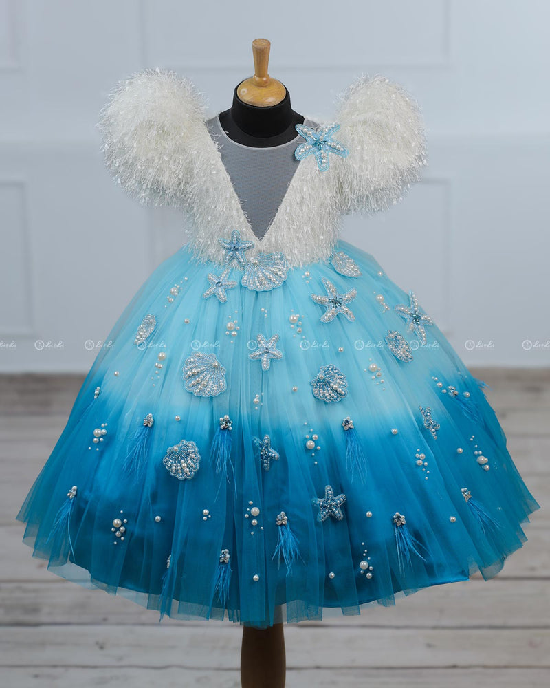 Sky Blue and Sea Blue Double Shaded Aqua Marine Theme Gown with Heavy Bead Patches
