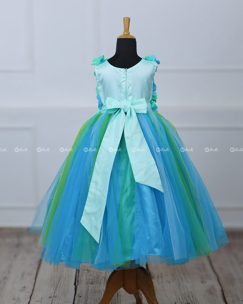 Sky Blue and  Green Strips Petal Frock