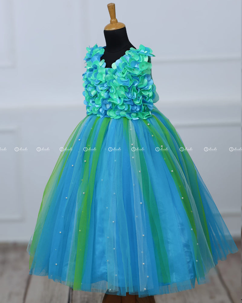 Sky Blue and  Green Strips Petal Frock