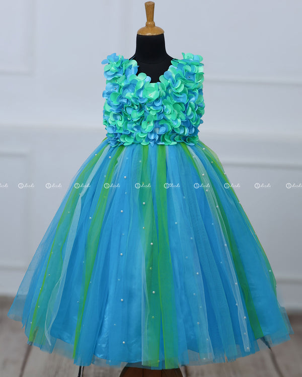 Sky Blue and  Green Strips Petal Frock