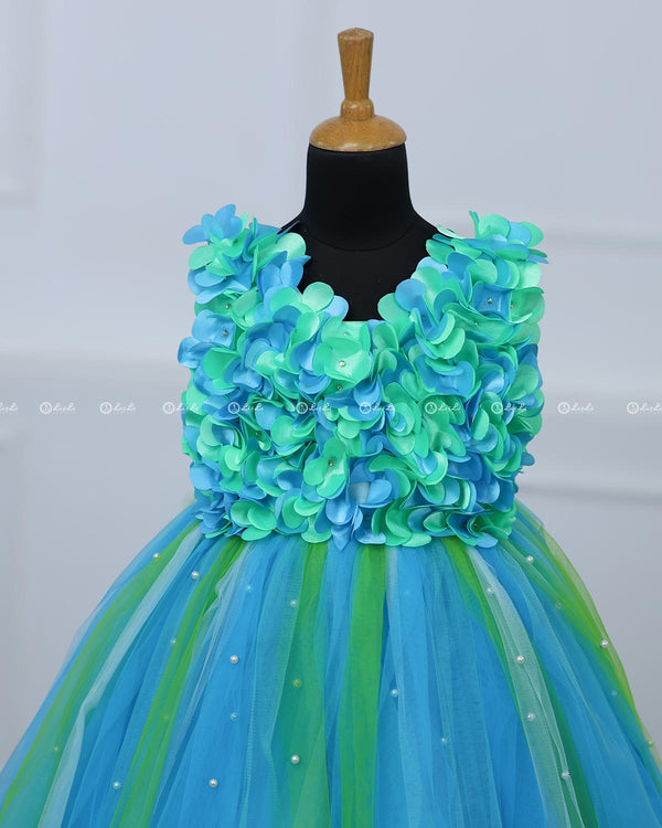 Sky Blue and  Green Strips Petal Frock