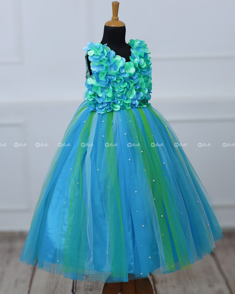 Sky Blue and  Green Strips Petal Frock