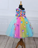 One Shoulder Light Multi Color Flower Frock
