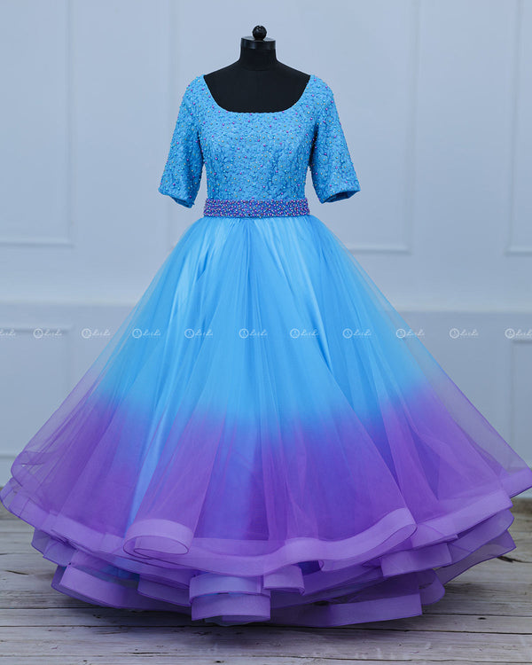 Sky Blue  and Lavender  Color Gradient Gown with Detachable Belt.