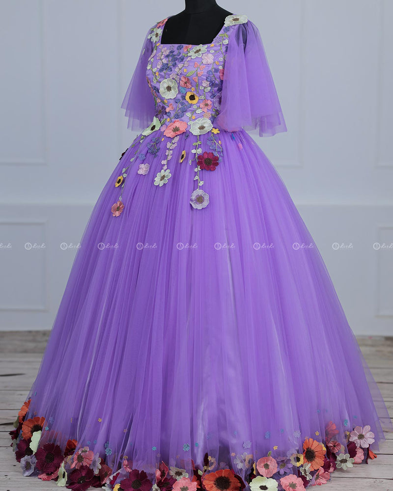 Lavender Flair Sleeve Embroidery  Gown with Weaving Yoke Pattern and Highlighted HandworK