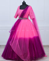 Rose Pink and Plum Purple Color Gradient Gown with Draped Dupatta.