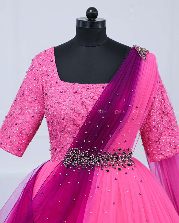 Rose Pink and Plum Purple Color Gradient Gown with Draped Dupatta.